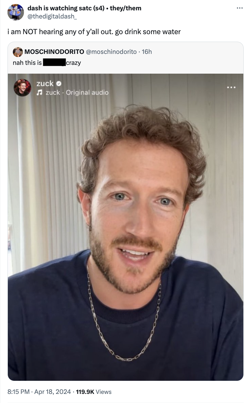 Mark Zuckerberg - dash is watching satc 54 theythem i am Not hearing any of y'all out. go drink some water Moschinodorito 16h nah this is zuck o crazy zuckOriginal audio Views